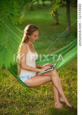 Pretty Journalist Working Outdoors Pretty Journalist Working Outdoors 32354888