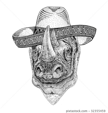 Rhinoceros, rhino Wild animal wearing sombrero - Stock Illustration ...