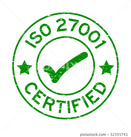 Grunge green ISO 27001 certified rubber seal stamp 32355741