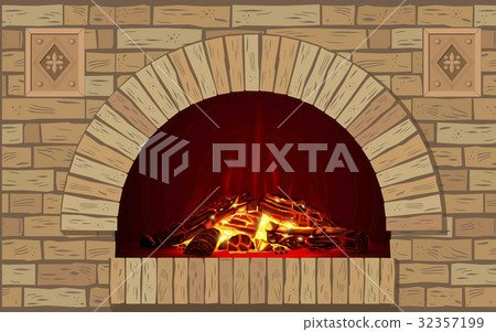 Ancient brick hearth with fire Ancient brick hearth with fire 32357199