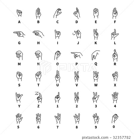 Hand language signs outline black icons on white Hand language signs outline black icons on white 32357782