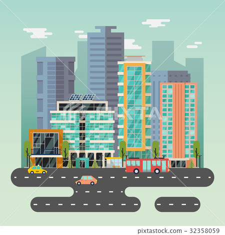 Town or city with skyscrapers buildings and road Town or city with skyscrapers buildings and road 32358059