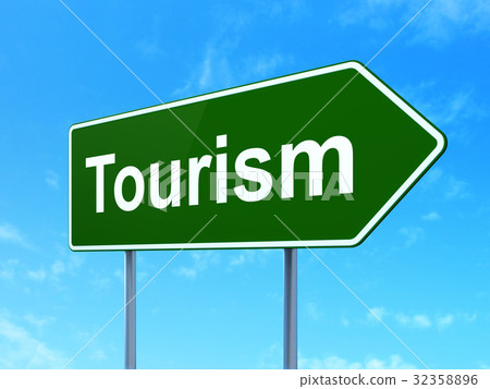 Vacation concept: Tourism on road sign background 32358896