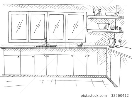Sketch kitchen with a large window. Sketch kitchen with a large window. 32360412