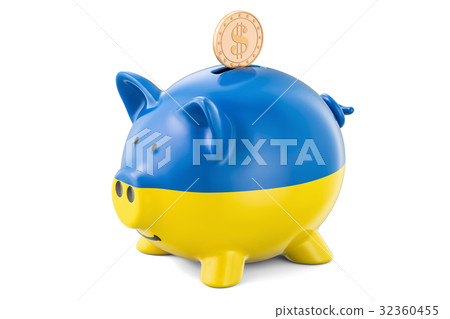 Piggy bank with flag of Ukraine and golden dollar Piggy bank with flag of Ukraine and golden dollar 32360455