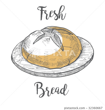 Loaf of bread on a wooden round board. 32360667