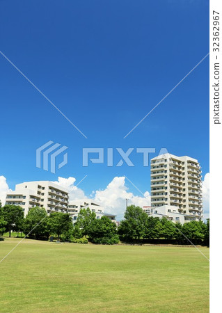 Apartment in blue sky and park landscape Apartment in blue sky and park landscape 32362967
