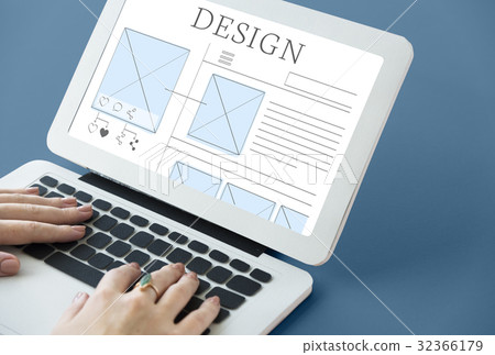 Hands working on laptop network graphic overlay 32366179