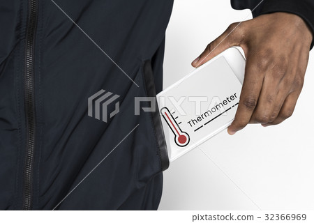 Hand holding digital device network graphic overlay from jacket pocket Hand holding digital device network graphic overlay from jacket pocket 32366969