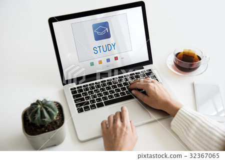 Hands working on laptop network graphic overlay Hands working on laptop network graphic overlay 32367065