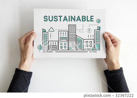 Hands holding paper building eco city graphic 32367222