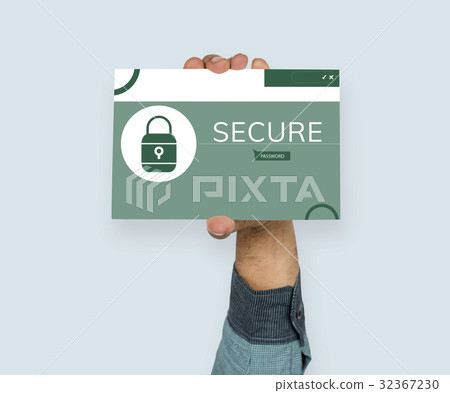 Hand holding banner with illustration of computer security system 32367230