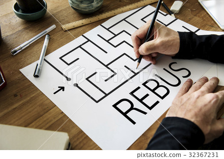 Hands solving enigma concept card 32367231