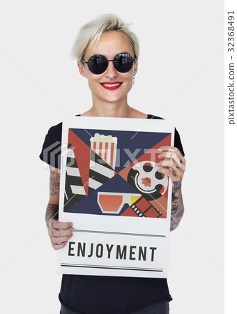 Woman holding banner of movies theatre media entertainment 32368491