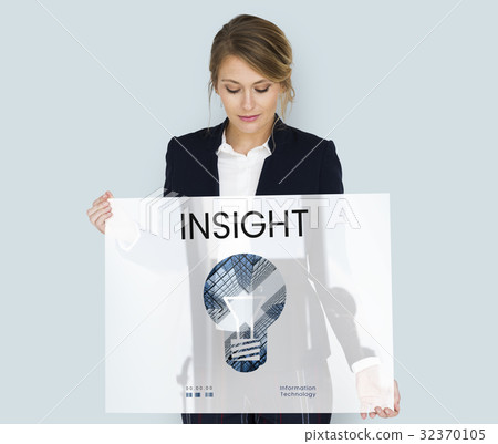 Woman holding banner of creative ideas digital technology light bulb Woman holding banner of creative ideas digital technology light bulb 32370105