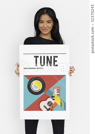 Woman holding banner of music audio passion leisure activity Woman holding banner of music audio passion leisure activity 32370243