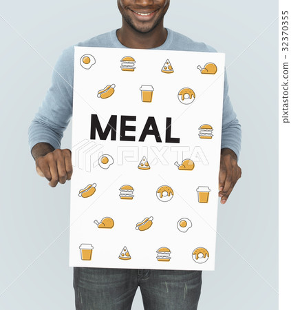 Man holding banner network graphic overlay 32370355