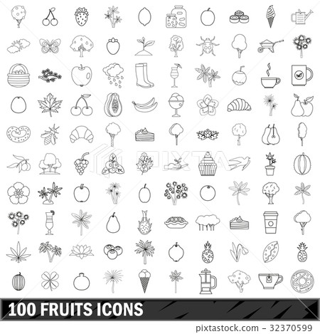 100 fruits icons set, outline style 32370599