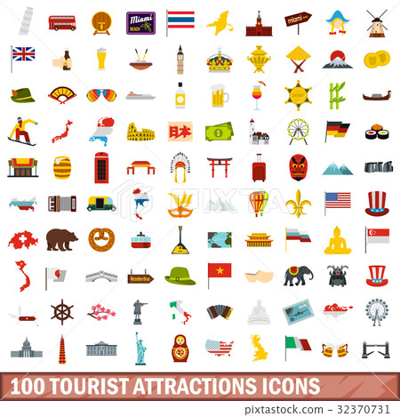 100 tourist attractions icons set, flat style 32370731