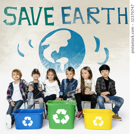 Little Kids with Recycle Sign Eco Friendly Save Earth Word Graphic 32370747