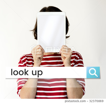 Woman holding digital device covering face network graphic Woman holding digital device covering face network graphic 32370869