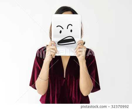 Illustration of aggressive madness face on banner 32370992