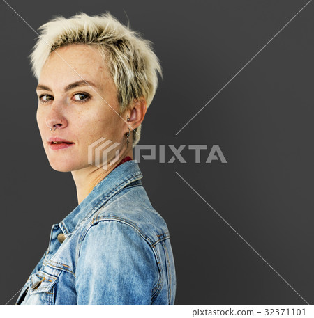 Caucasian Blonde Woman Staring to a Camera 32371101