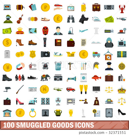 100 smuggled goods icons set, flat style 32371551