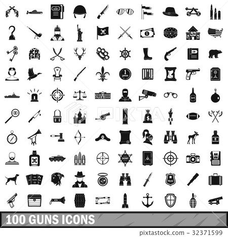 100 guns icons set, simple style 100 guns icons set, simple style 32371599