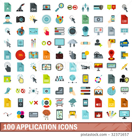 100 application icons set, flat style 32371657