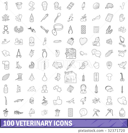 100 veterinary icons set, outline style 32371720