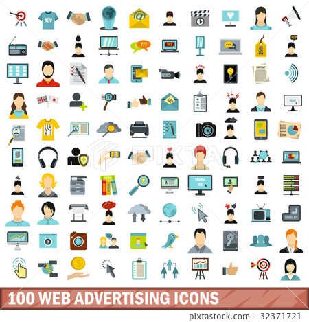 100 web advertising icons set, flat style 32371721