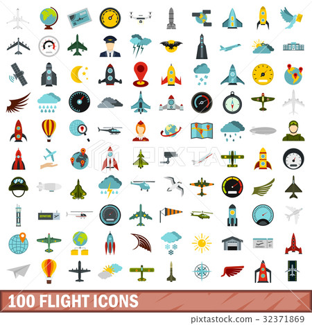 100 flight icons set, flat style 32371869