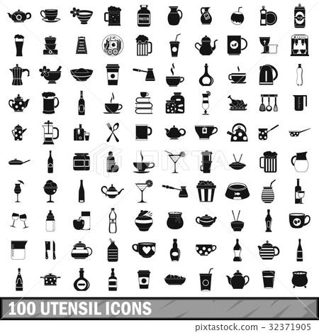 100 utensil icons set, simple style 100 utensil icons set, simple style 32371905