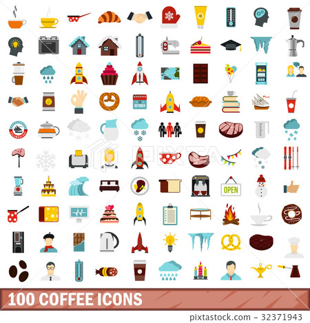100 coffee icons set, flat style 32371943