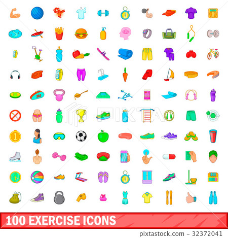 100 exercise icons set, cartoon style 100 exercise icons set, cartoon style 32372041