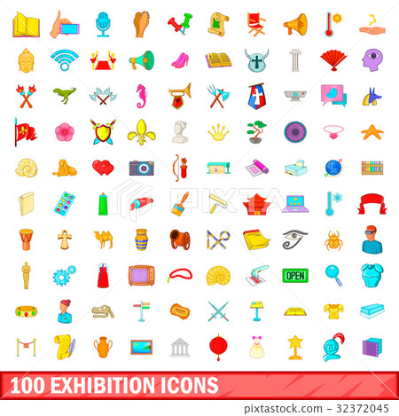 100 exhibition icons set, cartoon style 32372045