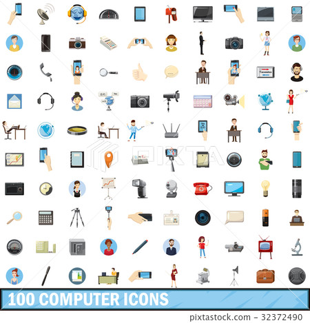 100 computer icons set, cartoon style 32372490