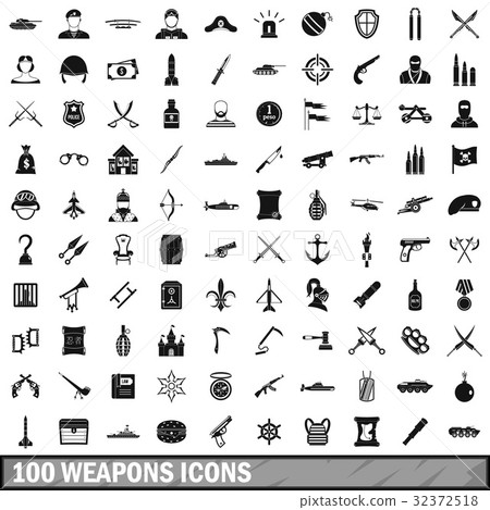 100 weapons icons set, simple style 32372518