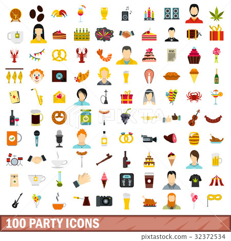 100 party icons set, flat style - Stock Illustration [32372534] - PIXTA
