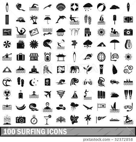 100 surfing icons set, simple style 32372858