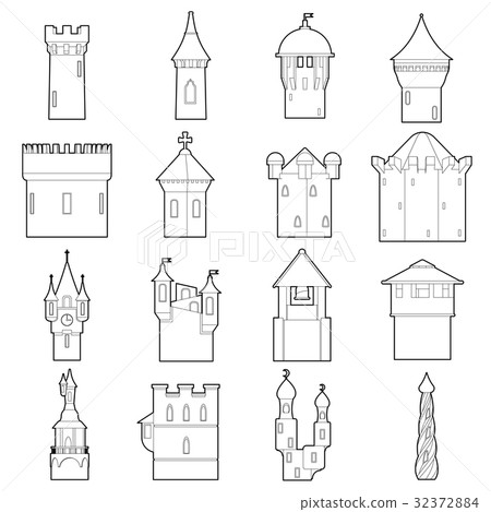 Castle tower icons set color, outline style Castle tower icons set color, outline style 32372884