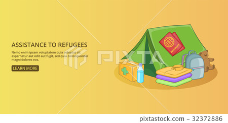 Refugees kit banner horizontal man, cartoon style 32372886