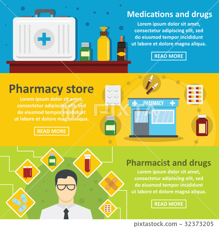 Pharmacy drugs banner horizontal set, flat style 32373205
