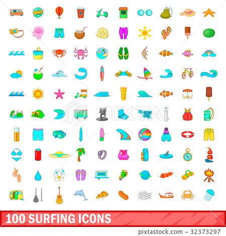 100 surfing icons set, cartoon style 100 surfing icons set, cartoon style 32373297