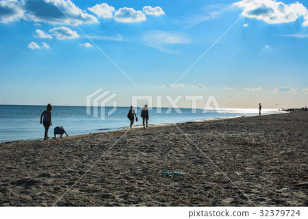 Silhouettes of people walking on a beach at sunset 32379724