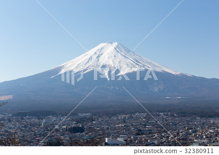 Fuji mountain and Fujiyoshida city with blue sky Fuji mountain and Fujiyoshida city with blue sky 32380911
