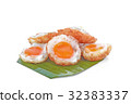 Quail eggs fried in banana leaf. 32383337