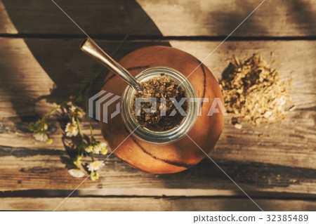 High angle view of Argentinean yerba mate drink High angle view of Argentinean yerba mate drink 32385489