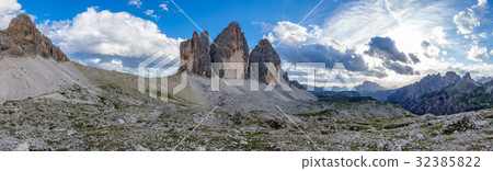 Tre Cime di Lavaredo rocks big panorama at sunset Tre Cime di Lavaredo rocks big panorama at sunset 32385822